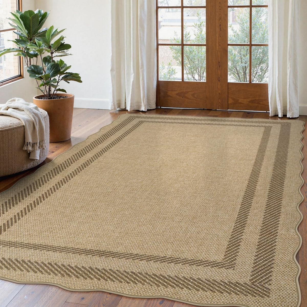 LIVEBOX Scalloped Easy Jute 3x5 Outdoor Rug, Washable Non-Slip Geometric Tan Rugs for Entryway, Indoor Outdoor Farmhouse Rug Modern Carpet Door Mat Area Rug for Patio Bedroom Living Room Kitchen Porch
