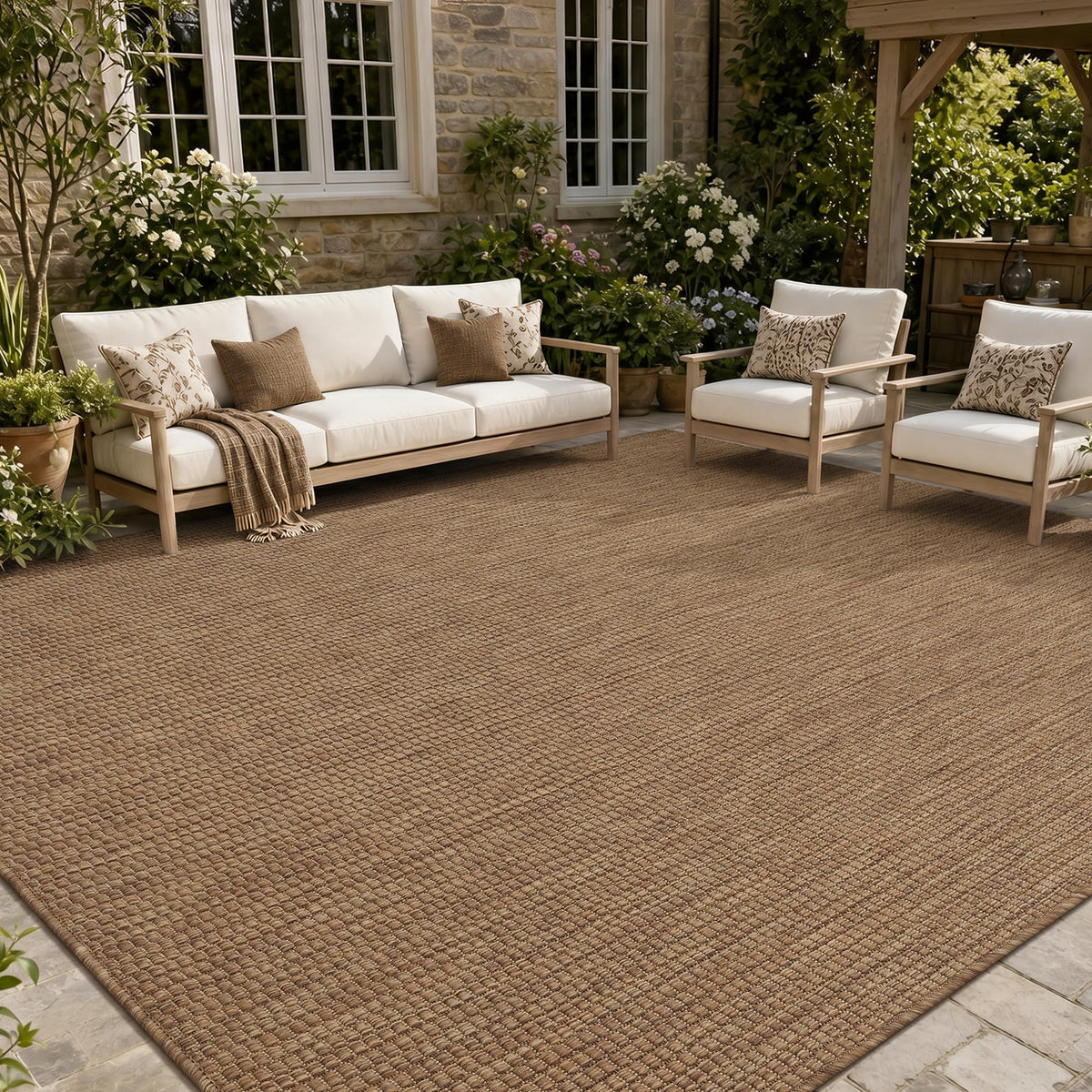 PADOOR-Outdoor Rug-Patio Rug 5x7 ft Polypropylene Indoor Outdoor Rugs Outdoor Carpet for Patio Deck Balcony Porch, Textured Weave, Durable for High Traffic, Fade-Resistant, Modern Neutral Brown