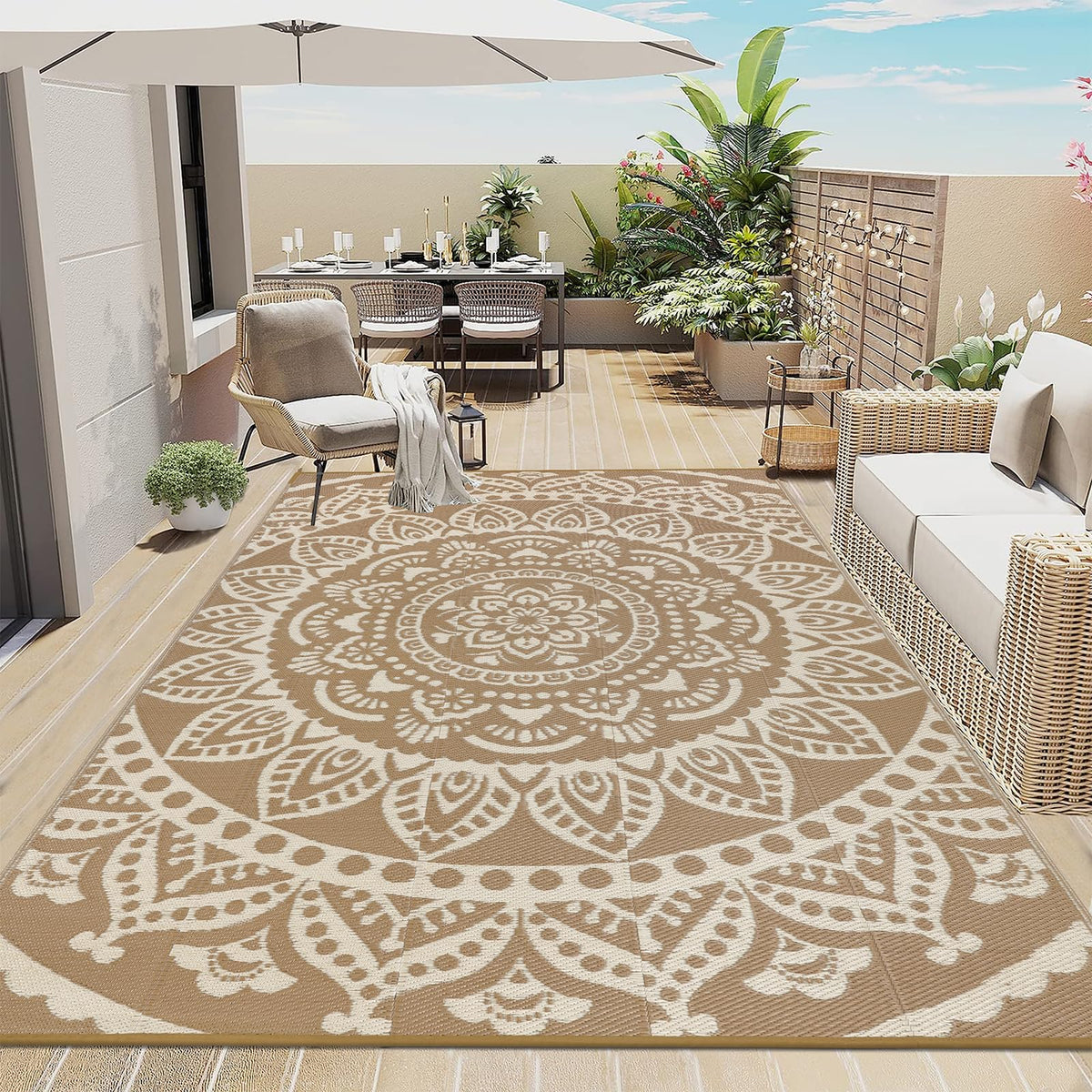 Bsmathom Waterproof Outdoor Rug 8'x10' Reversible Boho Plastic Straw Patio Deck Camping Rugs, Indoor Outdoor Portable RV Mat Clearance Carpet for Outside, Porch, Balcony, Backyard, Beach, Pool,Grey