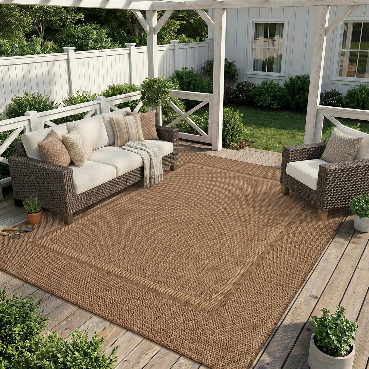 MontVoo-Outdoor Rug-Patio Rug 5x7 ft Polypropylene Indoor Outdoor Rugs Outdoor Carpet for Patio Deck Balcony Porch, Textured Weave, Durable for High Traffic, Fade-Resistant, Modern Neutral Brown