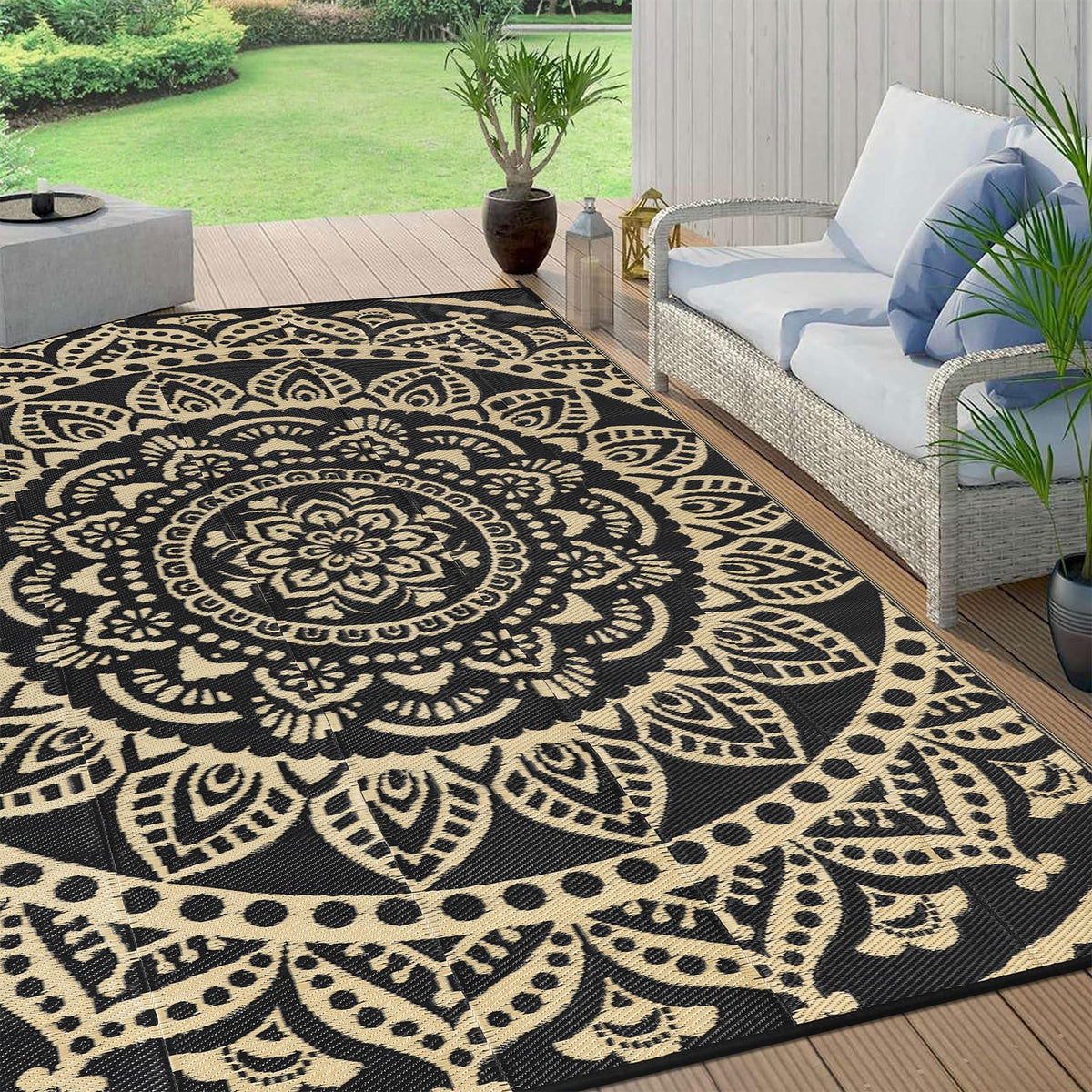 Bsmathom Waterproof Outdoor Rug 8'x10' Reversible Boho Plastic Straw Patio Deck Camping Rugs, Indoor Outdoor Portable RV Mat Clearance Carpet for Outside, Porch, Balcony, Backyard, Beach, Pool,Grey