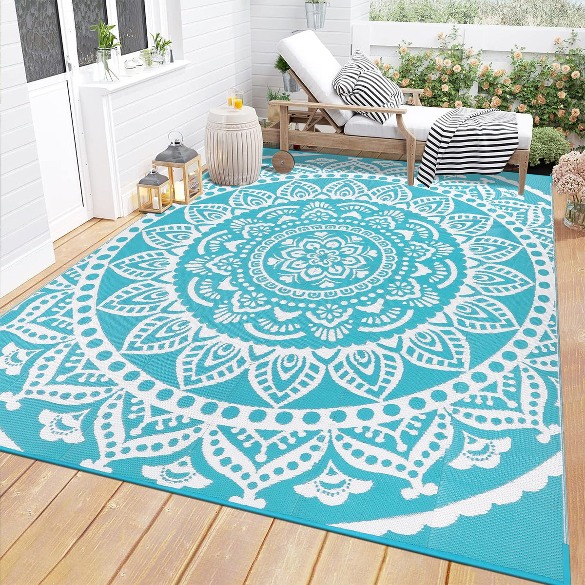 Bsmathom Waterproof Outdoor Rug 8'x10' Reversible Boho Plastic Straw Patio Deck Camping Rugs, Indoor Outdoor Portable RV Mat Clearance Carpet for Outside, Porch, Balcony, Backyard, Beach, Pool,Grey