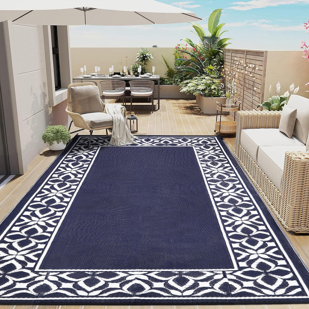 PureCozy 10x14 Outdoor Rug Black Beige Geometric