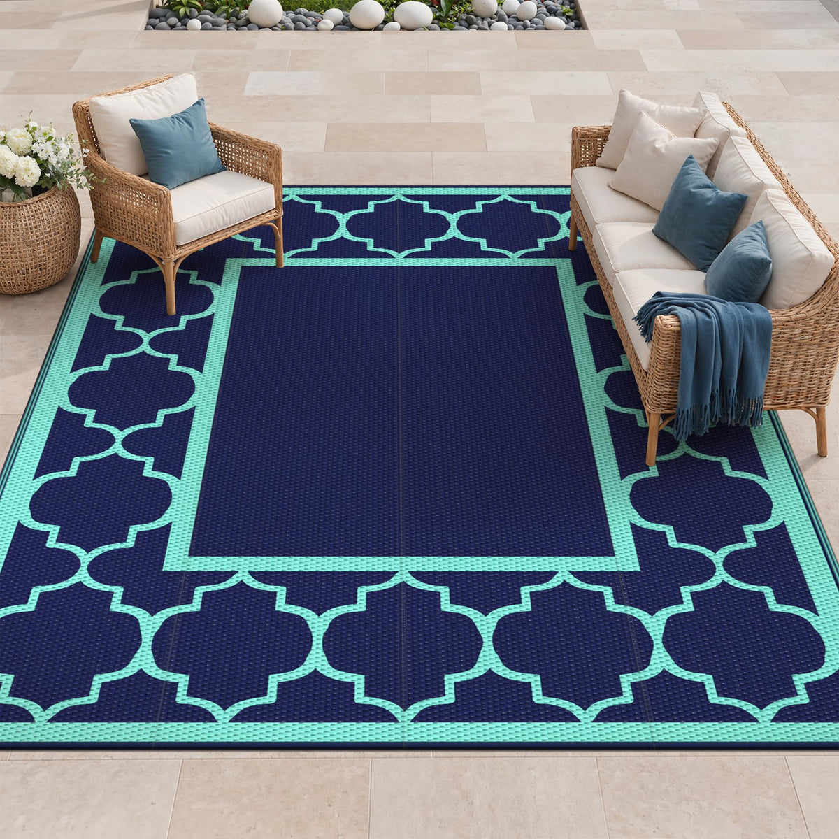 GENIMO Outdoor Rug, Waterproof Plastic Rugs for Patio, 5'x8' Blue White