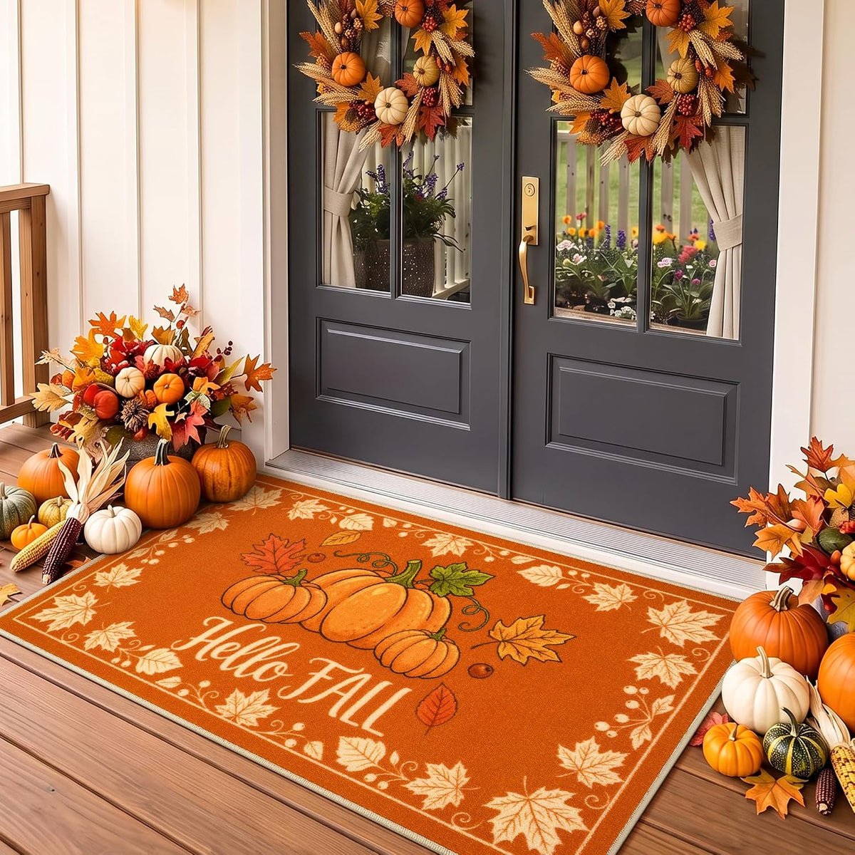 Fall Front Door Mat 3'x5', Hello Pumpkin Welcome Mat for Porch Rugs