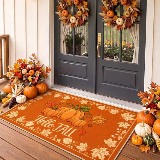 Fall Front Door Mat 3'x5', Hello Pumpkin Welcome Mat for Porch Rugs