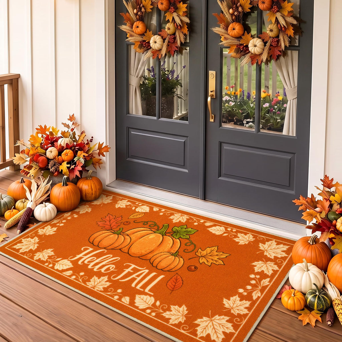 Fall Front Door Mat 3'x5', Hello Pumpkin Welcome Mat for Porch Rugs