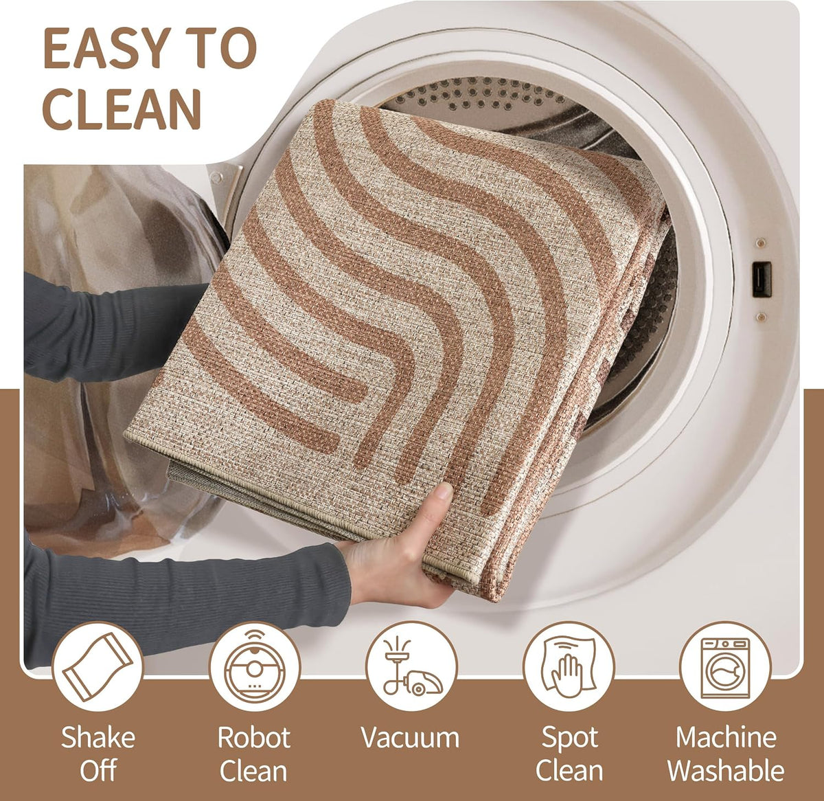 Easy Jute 9x12 Brown Outdoor Patio Rug Machine Washable Boho Carpet