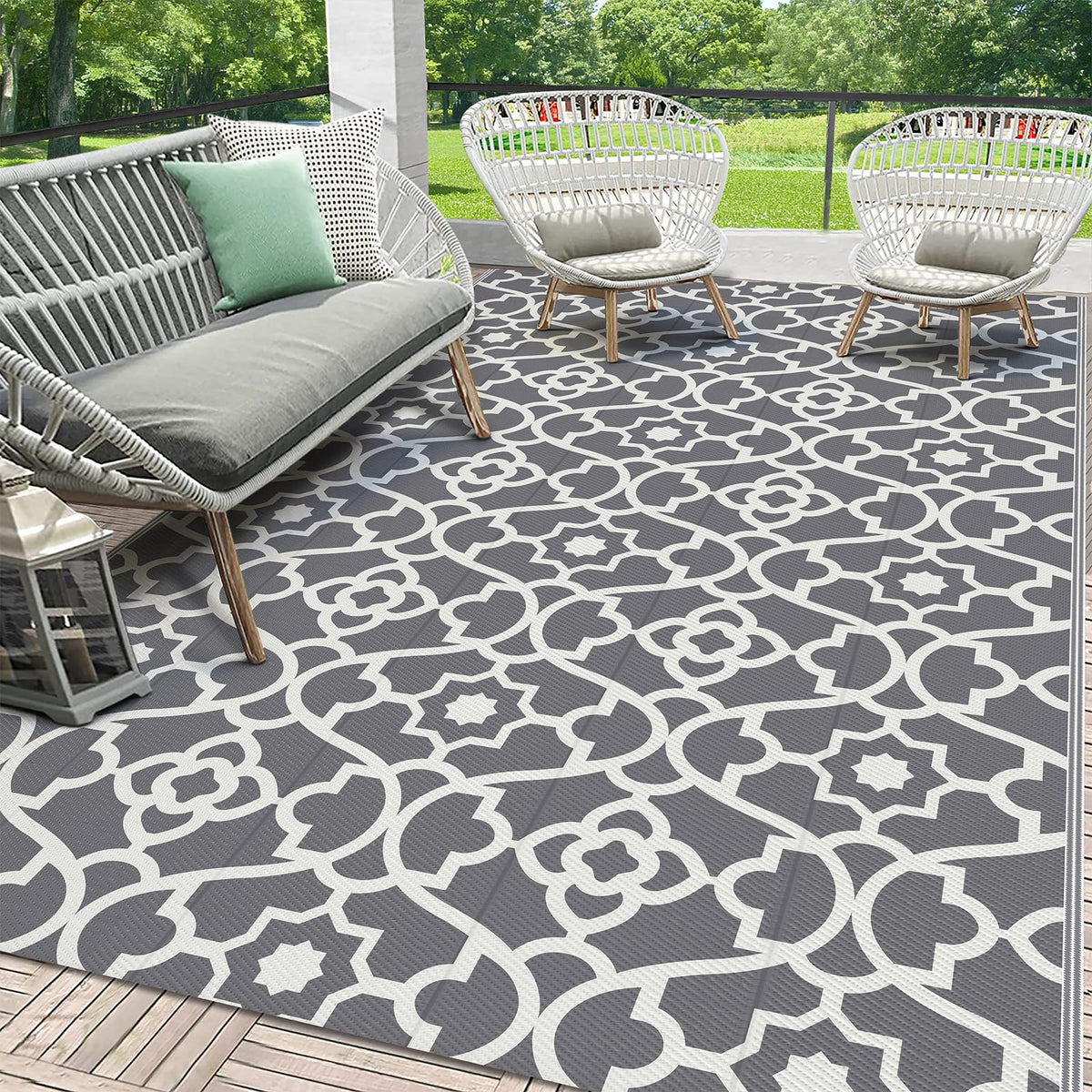HEBE Waterproof Outdoor Rug 5'x8', Geometric Reversible Plastic Patio Rug