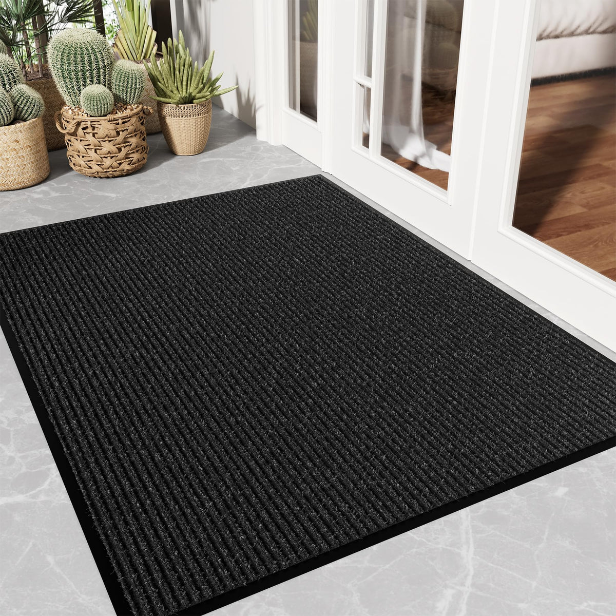 Front Door Mat, 3' x 5' Heavy Duty Door Mat Outside Entrance, Non-Slip Welcome Mat, Absorbent & Dirt Resistant, Low Profile Large Door Mats, Commercial Rugs for Entryway Indoor Outdoor, Grey