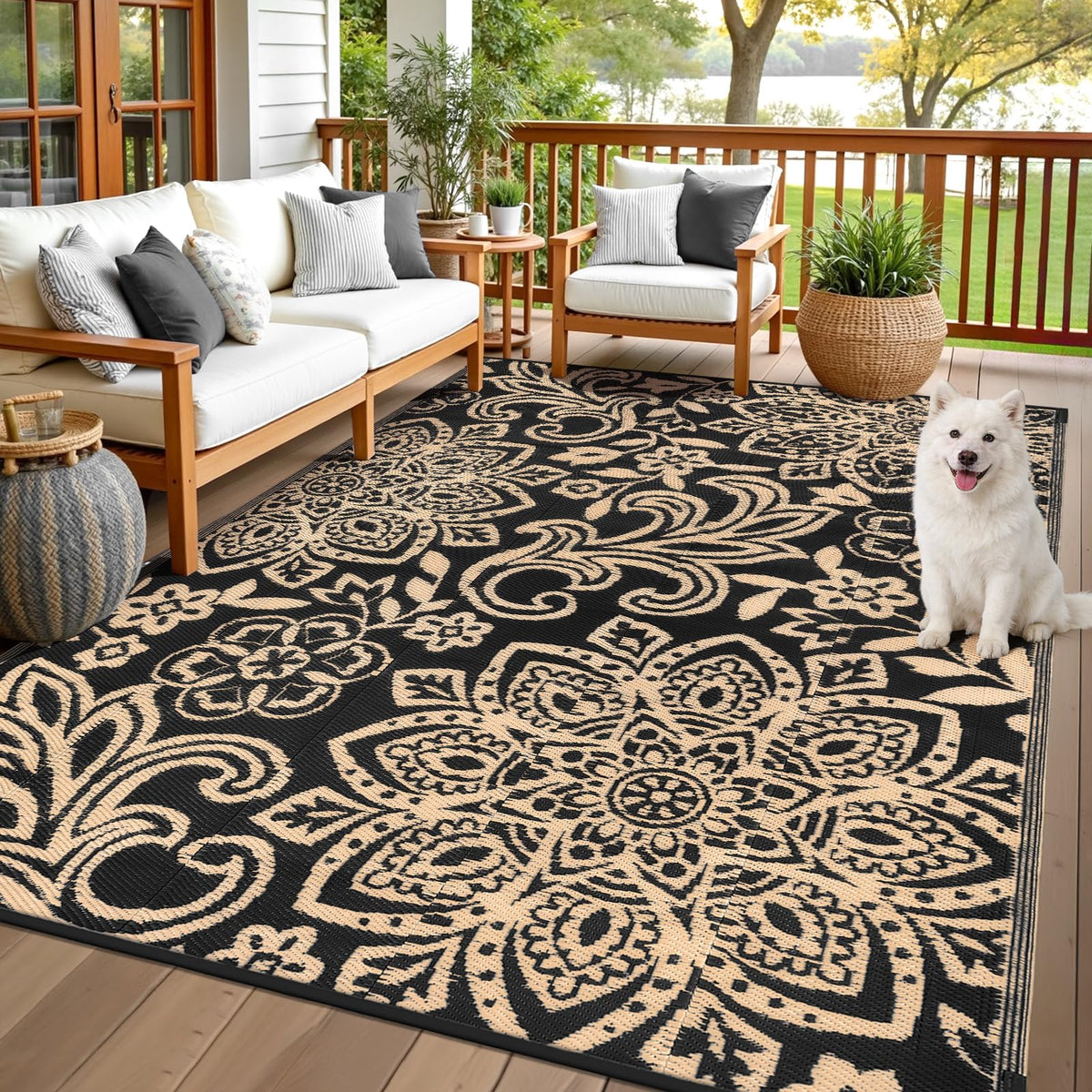 Findosom Waterproof Outdoor Rug 6' x 9' - Reversible Mandala Outdoor Plastic Straw Rug, Durable Foldable Patio Rug for RV, Deck, Balcony, Backyard, Picnic, Porch, Camping, Beach, Gray