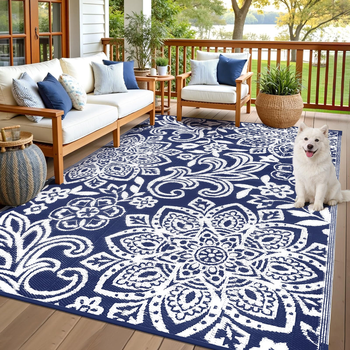 Findosom Waterproof Outdoor Rug 6' x 9' - Reversible Mandala Outdoor Plastic Straw Rug, Durable Foldable Patio Rug for RV, Deck, Balcony, Backyard, Picnic, Porch, Camping, Beach, Gray