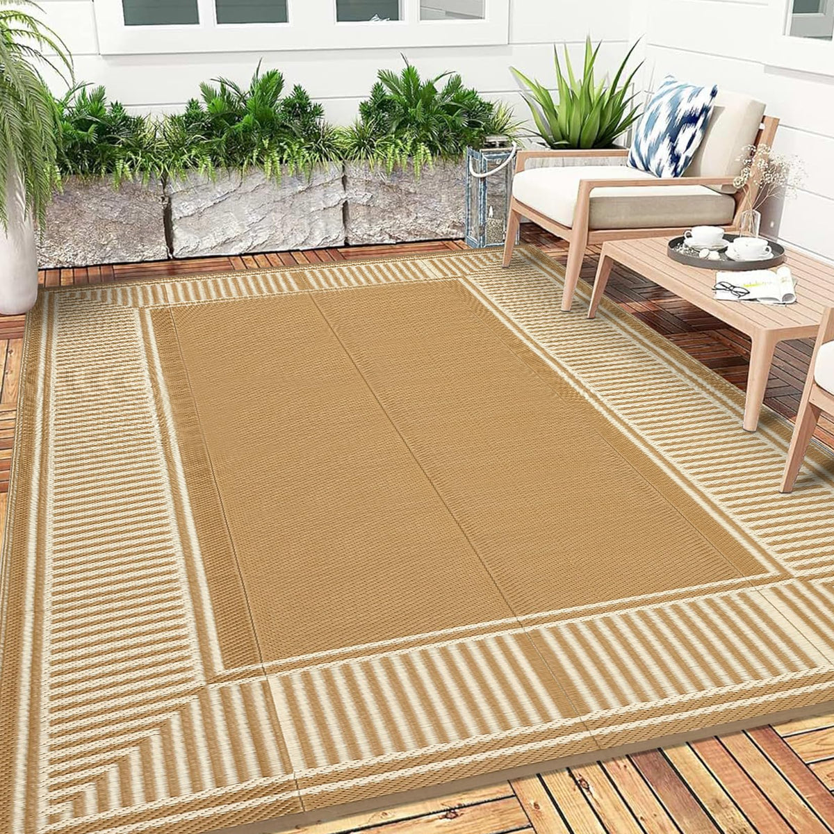 Garvee 9x12 Outdoor Patio Rug Plastic Straw Rug Waterproof Panel Grey Brown
