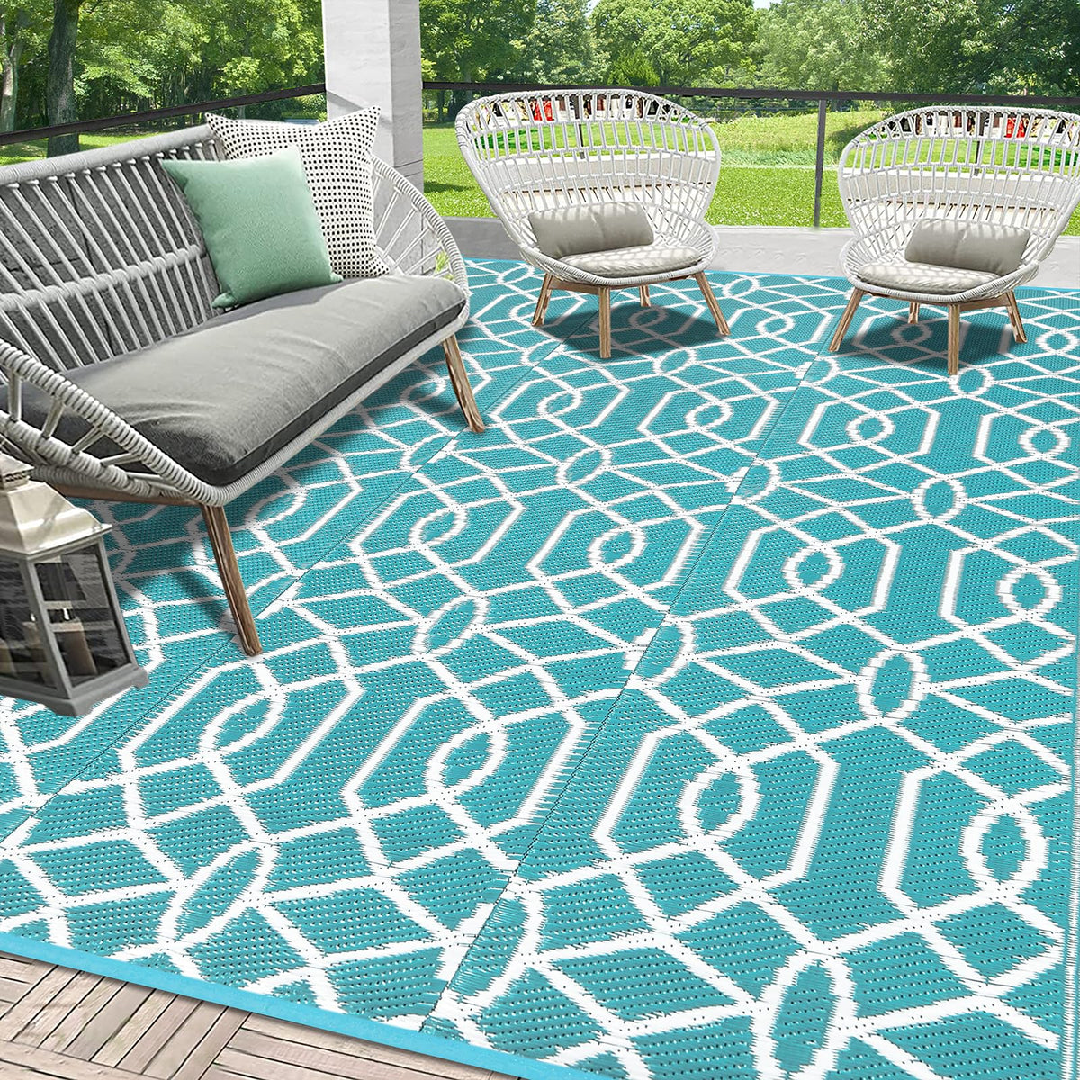HEBE Waterproof Outdoor Rug 5'x8', Geometric Reversible Plastic Patio Rug