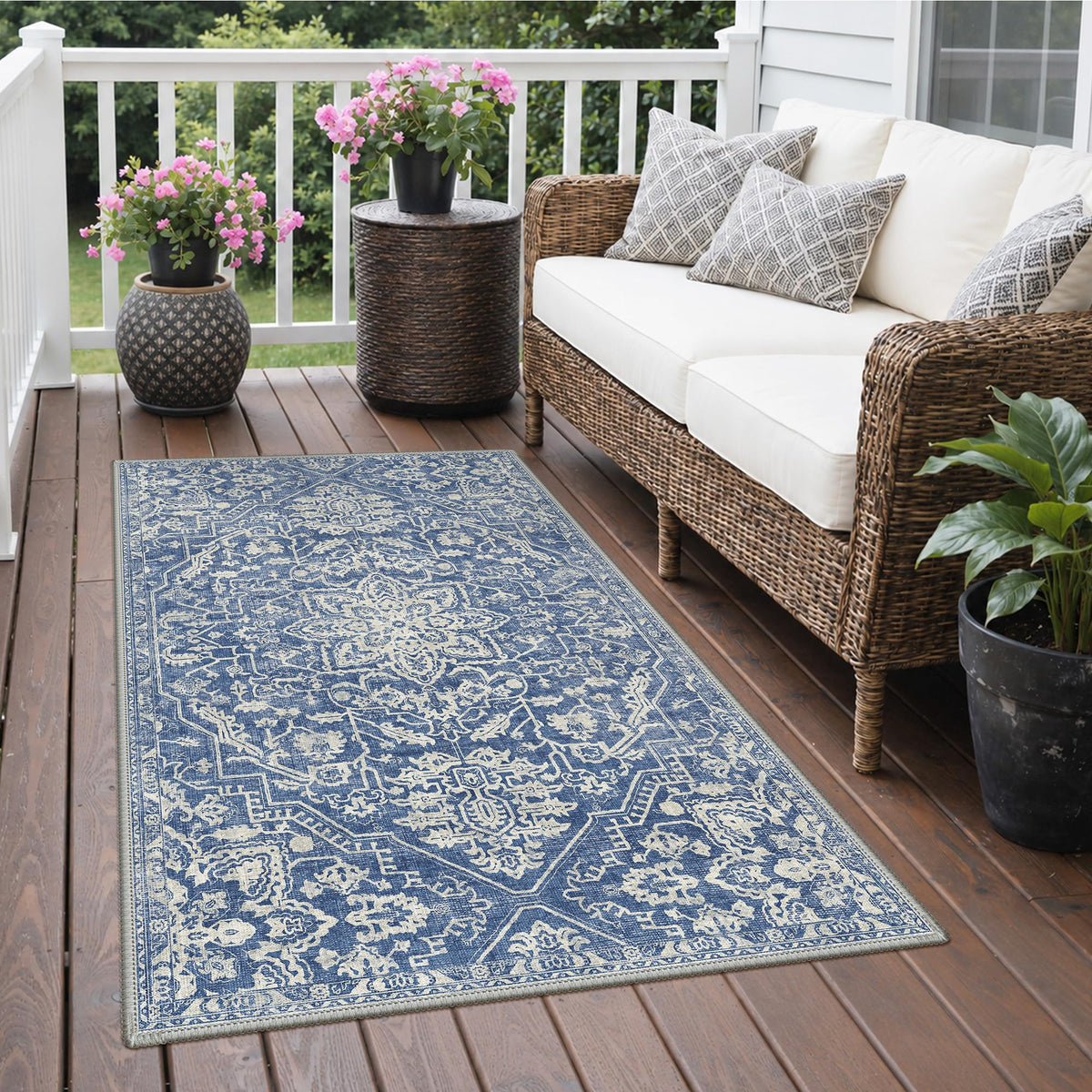 GENIMO 5x8 Outdoor Rug, Washable for Patio and Deck, Navy Blue & Ivory