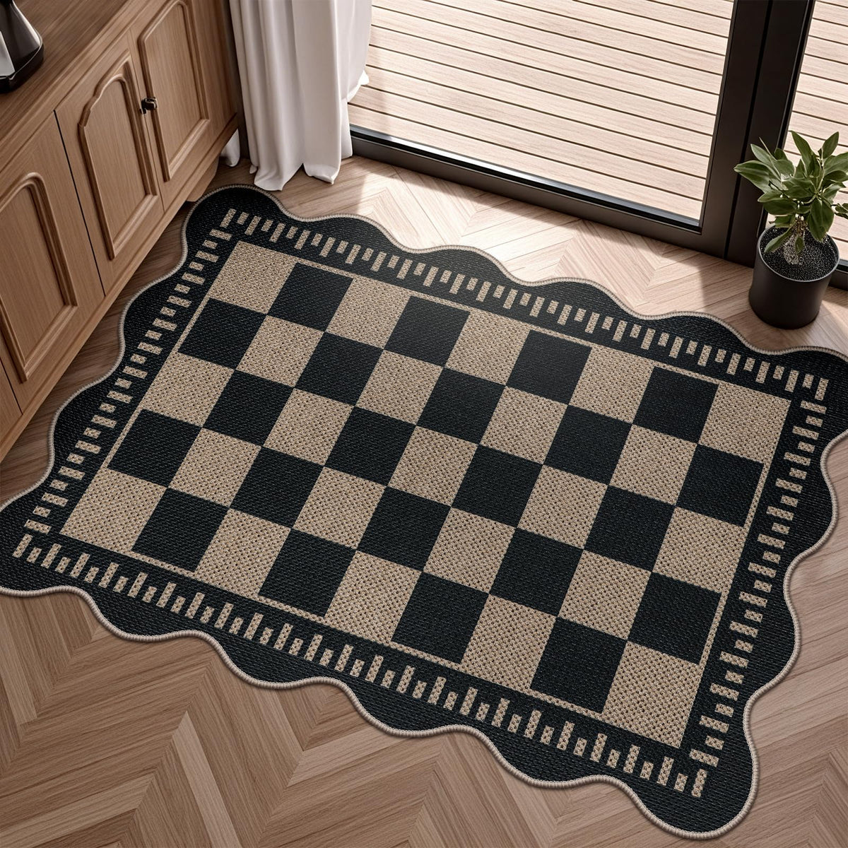Scalloped Easy Jute 3x5 Front Door Mat, Washable Rugs for Entryway Black Outdoor Patio Rug, Farmhouse Neutral Non Slip Indoor Carpet for Porch Backyard