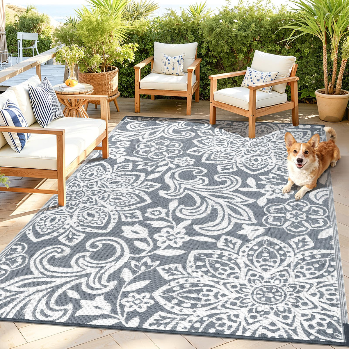 Findosom Waterproof Outdoor Rug 6' x 9' - Reversible Mandala Outdoor Plastic Straw Rug, Durable Foldable Patio Rug for RV, Deck, Balcony, Backyard, Picnic, Porch, Camping, Beach, Gray