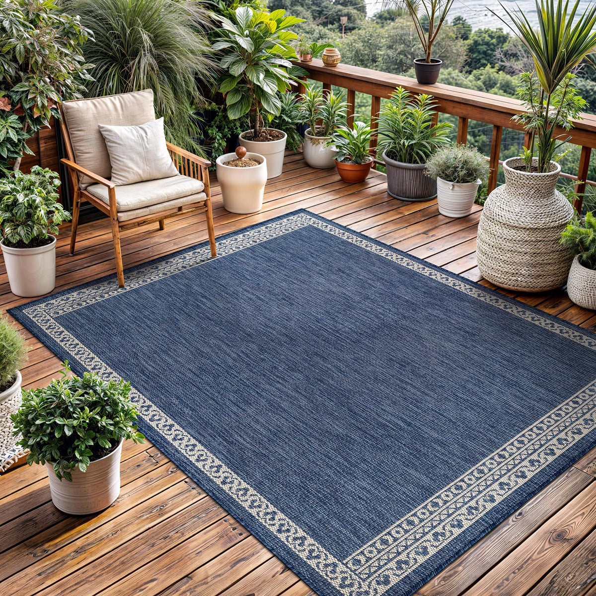 Washable Outdoor Rug 8x10 Modern Area Rugs Outdoor Carpets Bordered Pattern Non Shedding Waterproof Easy Clean Patio Deck Porch Living Room Bedroom Garden RV (8 X 10 Blue)