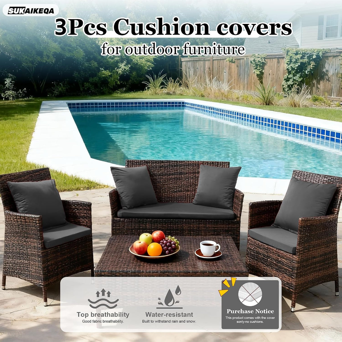 Waterproof 3-piece patio cushion set wicker furniture cushion covers