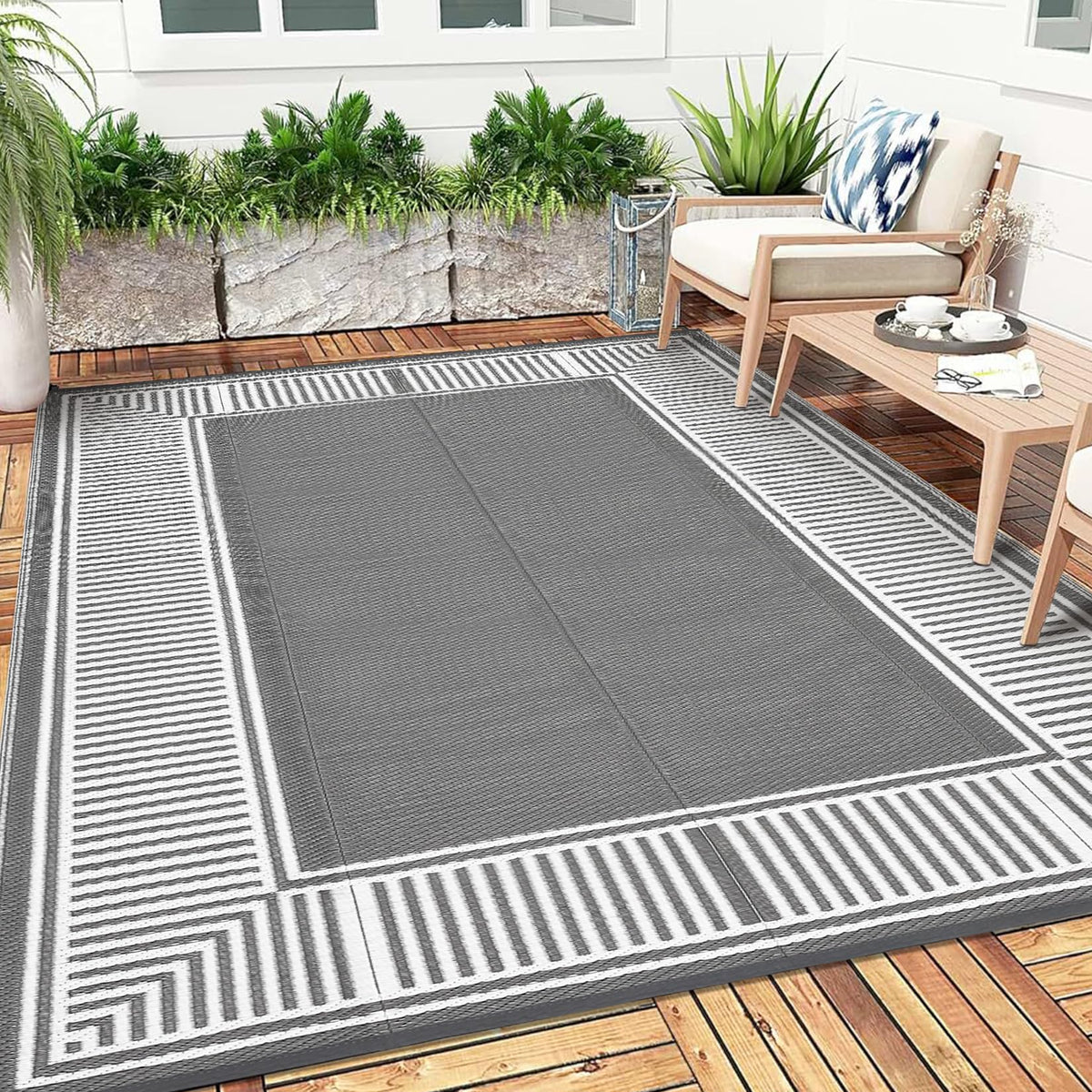 Garvee 9x12 Outdoor Patio Rug Plastic Straw Rug Waterproof Panel Grey Brown