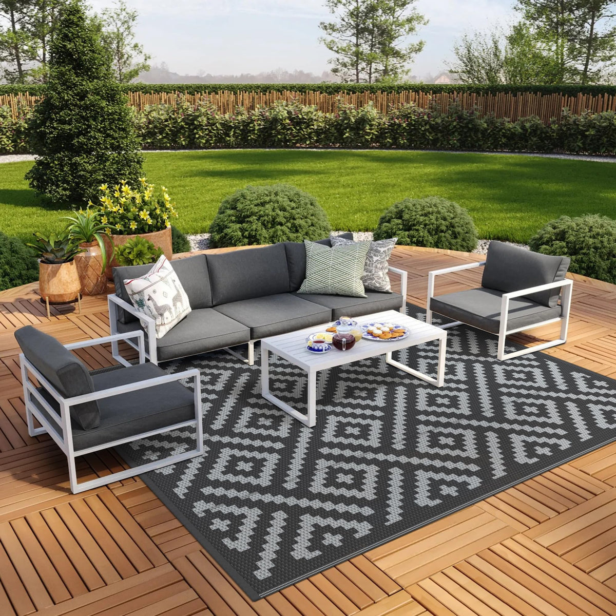 GENIMO Outdoor Rug, Waterproof Plastic Rugs for Patio, 5'x8' Black Grey