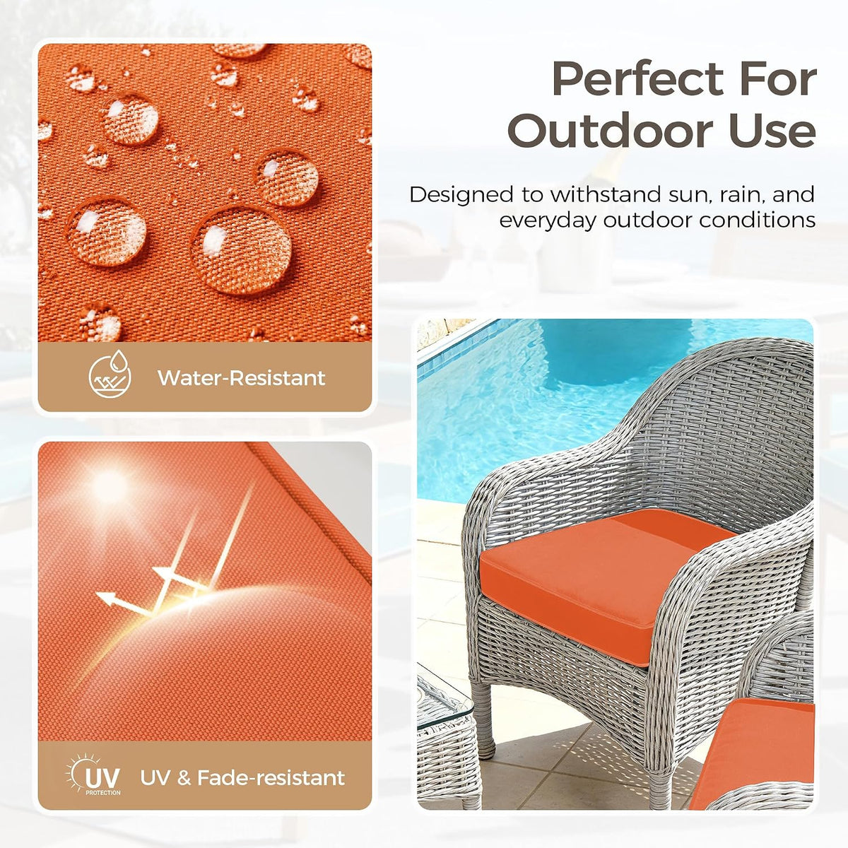 UNIKOME Outdoor Chair Cushions Set of 4, Water Resistant Patio Seat Cushions with Ties for Outdoor Furniture, High-Density Foam, UV & Fade Resistant, Piped Edge – 19" x 19" x 3", Orange