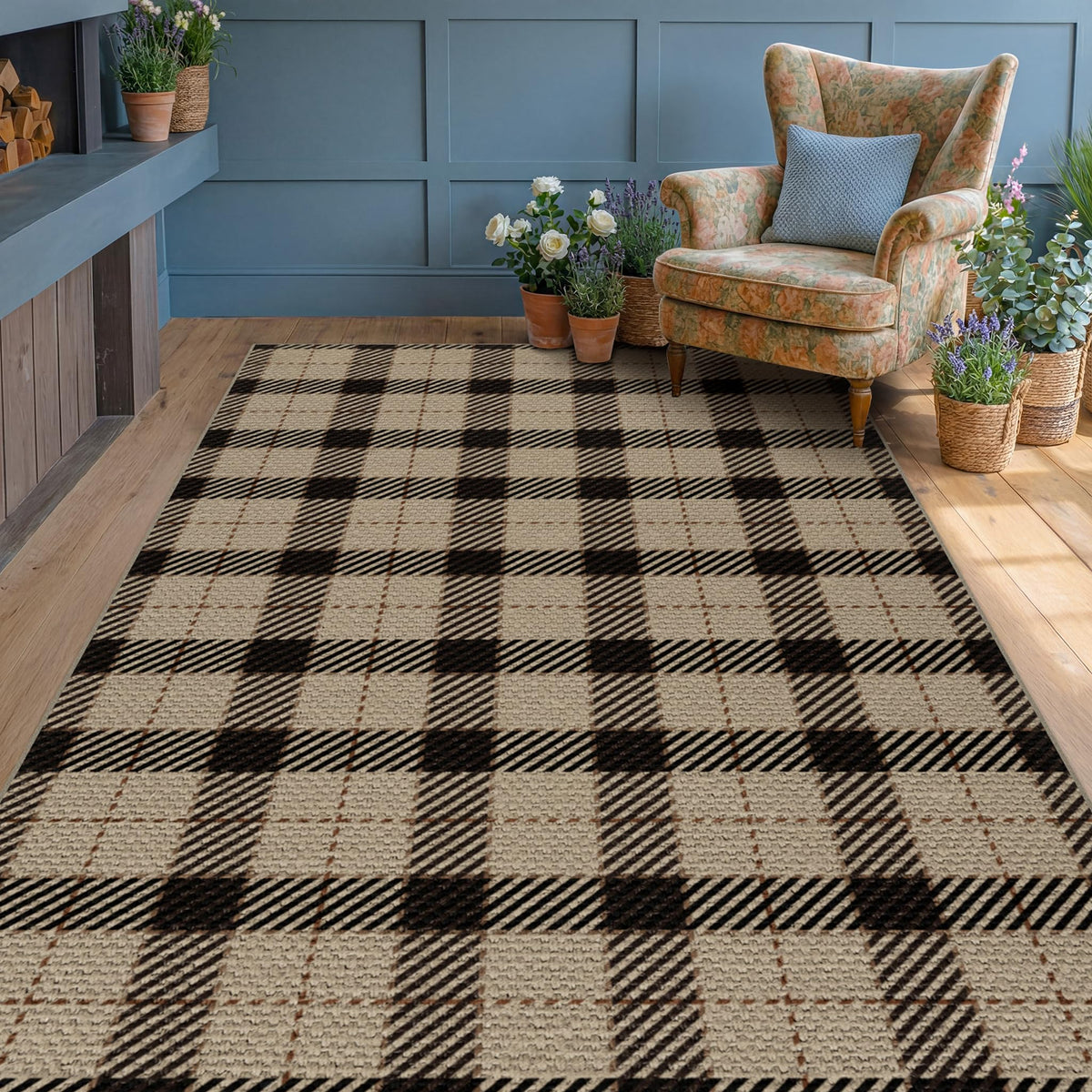 JTJ Easy Jute 3x5 Outdoor Rug for Front Porch, Washable Sage Green Plaid