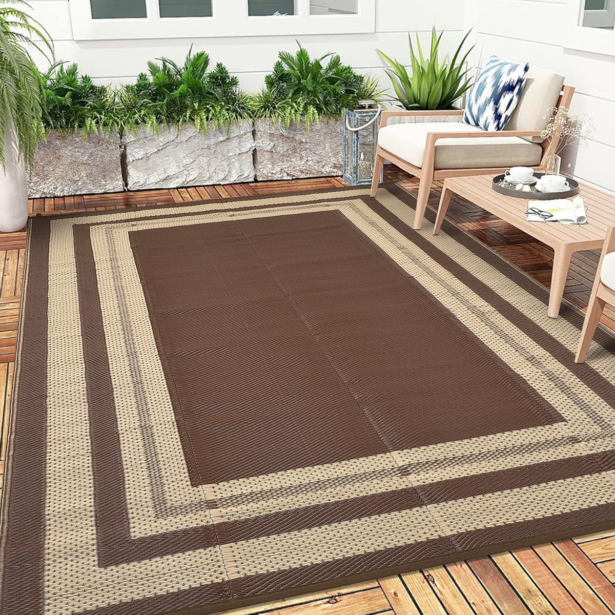 Garvee 9x12 Outdoor Patio Rug Plastic Straw Rug Waterproof Panel Grey Brown