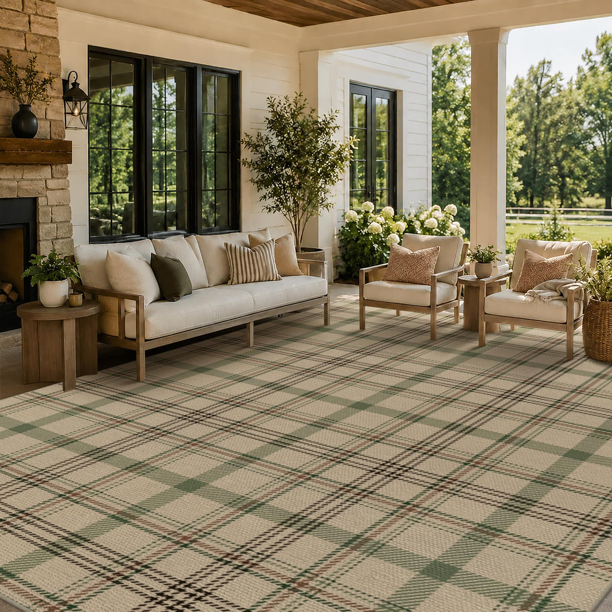 JTJ Easy Jute 3x5 Outdoor Rug for Front Porch, Washable Sage Green Plaid