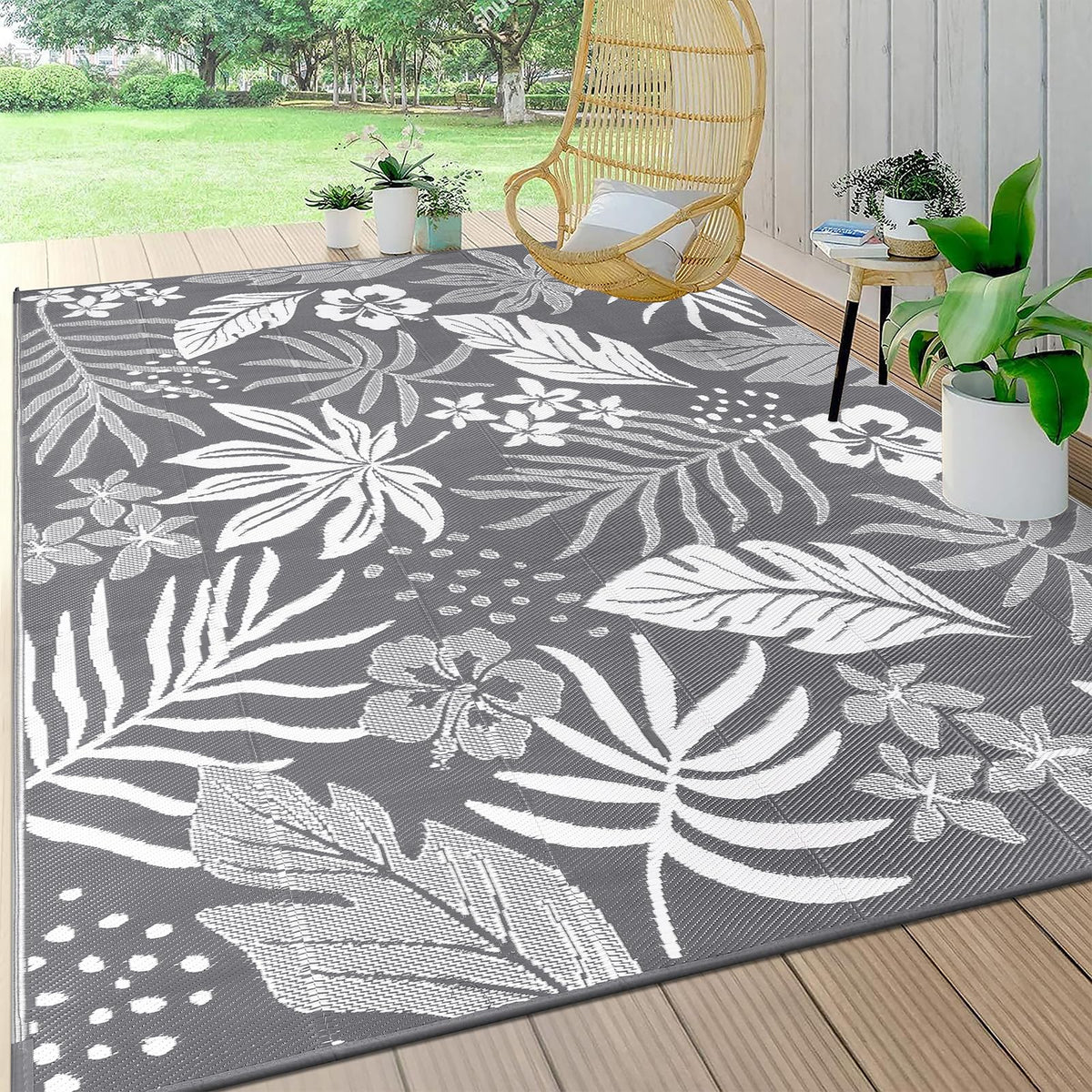 Pauwer Waterproof Outdoor Rug 5x8, Plastic Straw Patio Rug, Leaf Brown