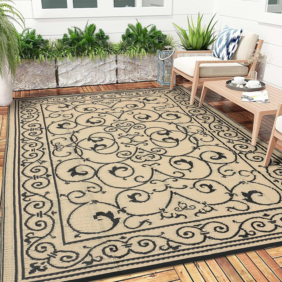 Garvee 9x12 Outdoor Patio Rug Plastic Straw Rug Waterproof Panel Grey Brown