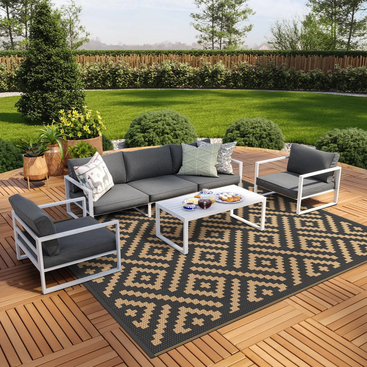 GENIMO Outdoor Rug, Waterproof Plastic Rugs for Patio, 5'x8' Black Grey