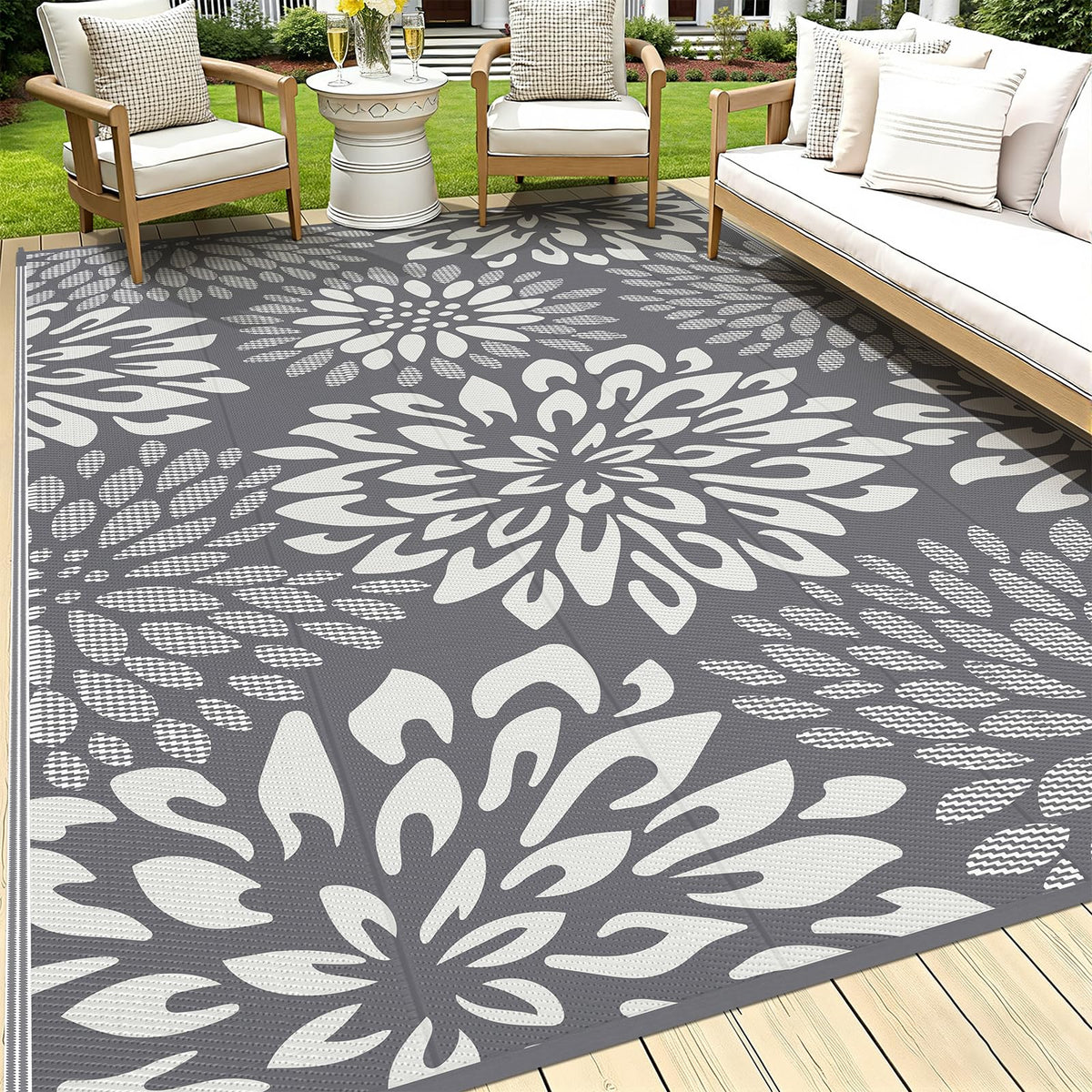 HEBE Waterproof Outdoor Rug 5'x8', Geometric Reversible Plastic Patio Rug