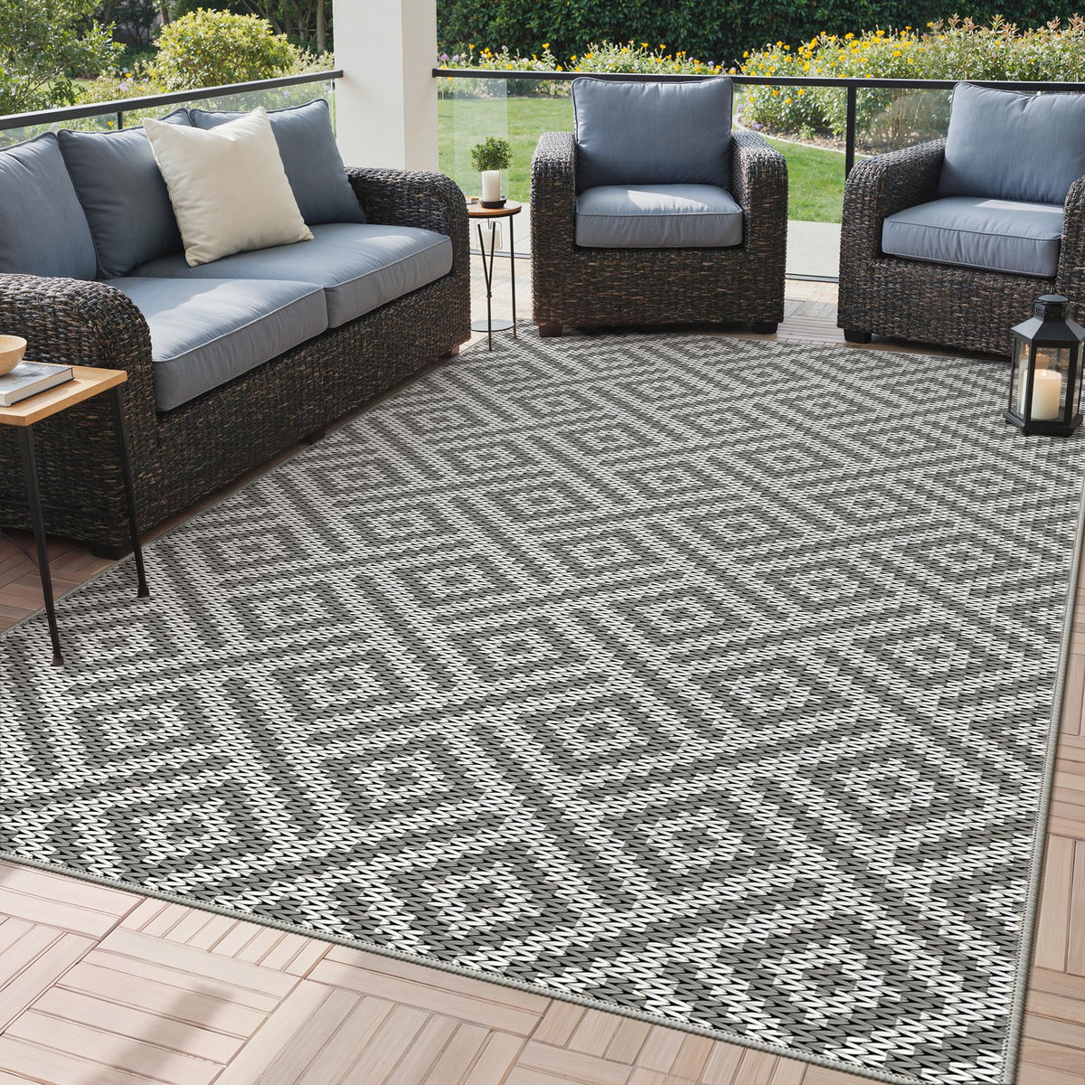GENIMO Outdoor Rug, Waterproof Plastic Rugs for Patio, 5'x8' Black Grey