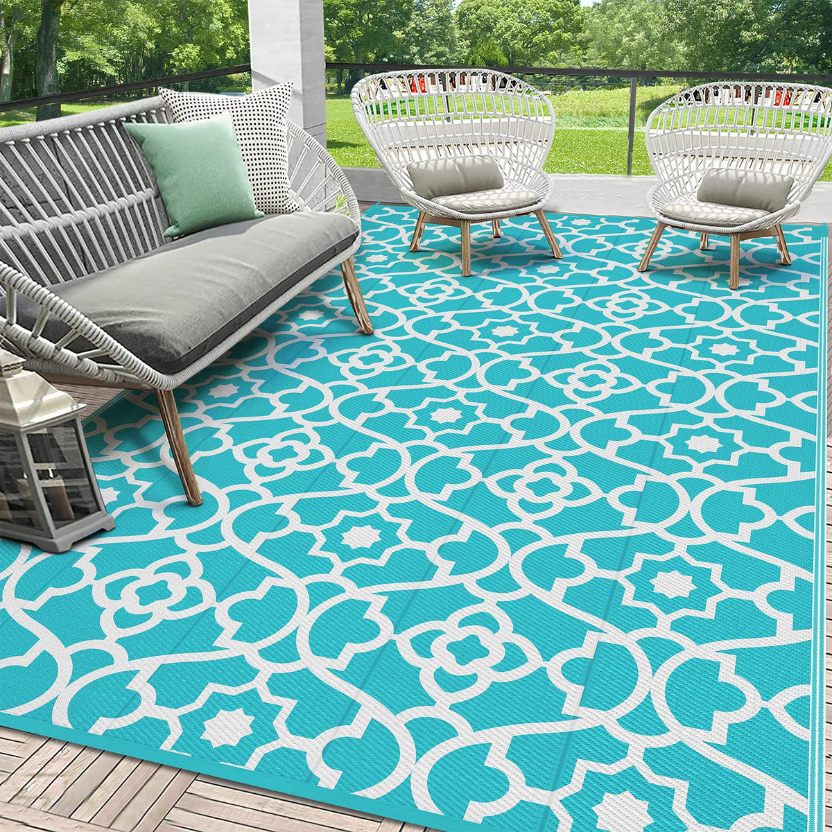 HEBE Waterproof Outdoor Rug 5'x8', Geometric Reversible Plastic Patio Rug