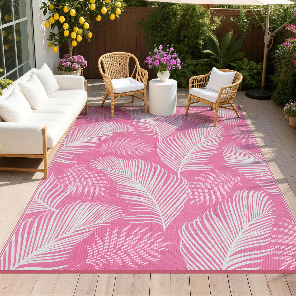Pauwer Waterproof Outdoor Rug 5x8, Plastic Straw Patio Rug, Leaf Brown