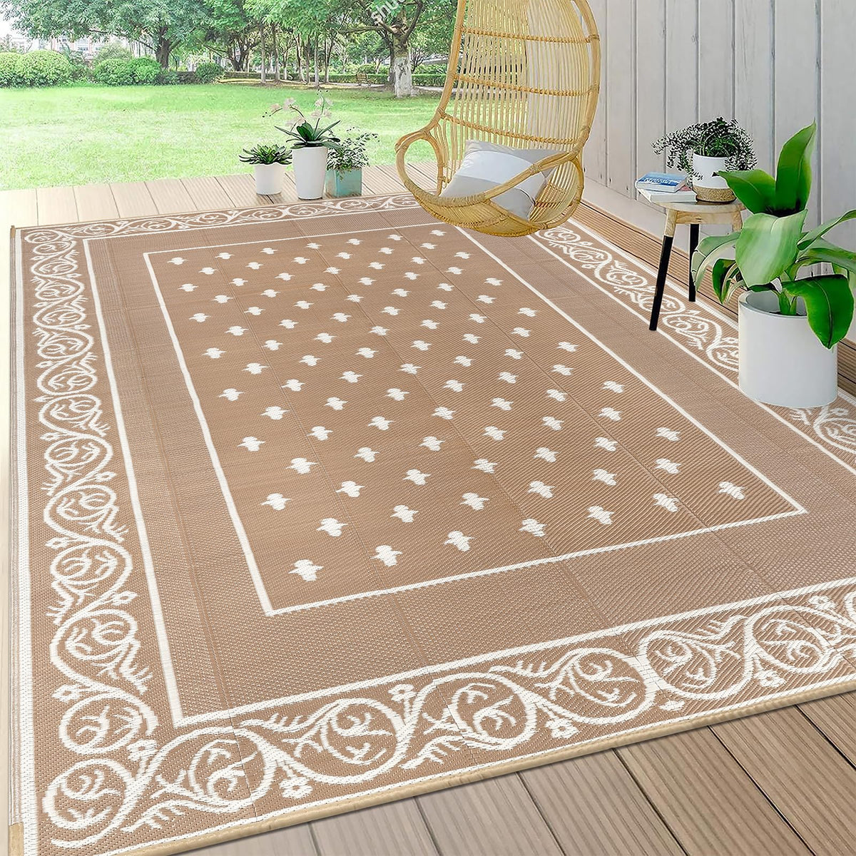 Pauwer Waterproof Outdoor Rug 5x8, Plastic Straw Patio Rug, Leaf Brown