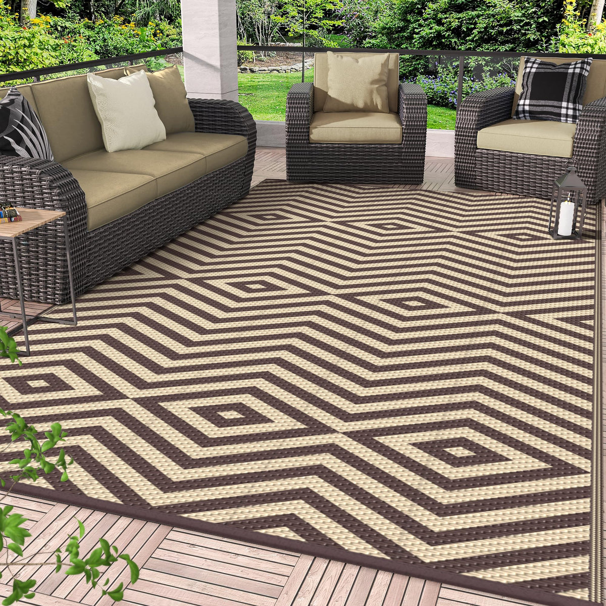 GENIMO Outdoor Rug, Waterproof Plastic Rugs for Patio, 5'x8' Black Grey