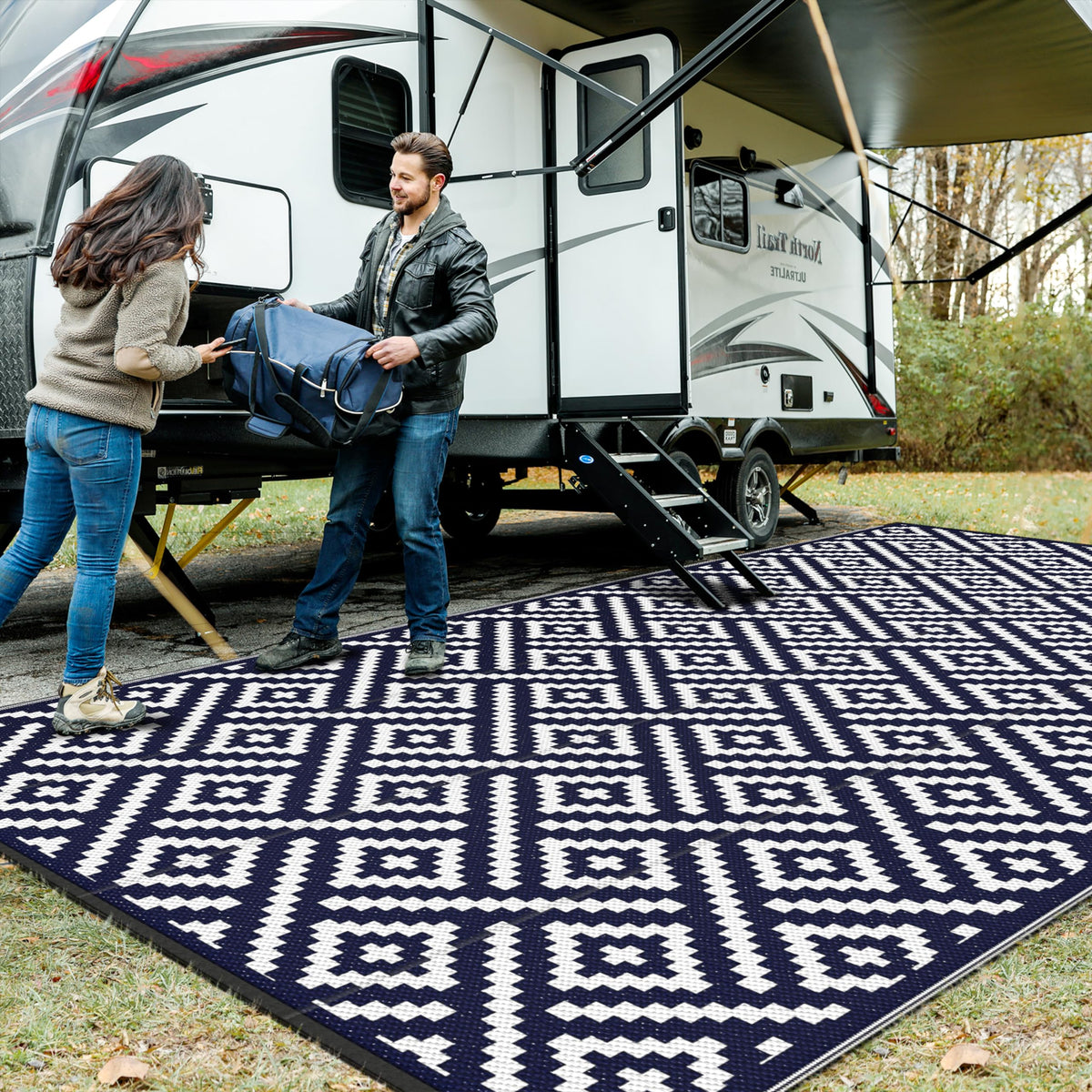 GENIMO Outdoor Rug, Waterproof Plastic Rugs for Patio, 5'x8' Black Grey