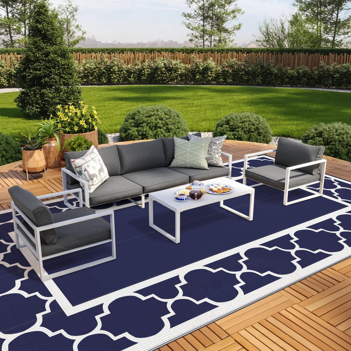 GENIMO Outdoor Rug, Waterproof Plastic Rugs for Patio, 5'x8' Blue White