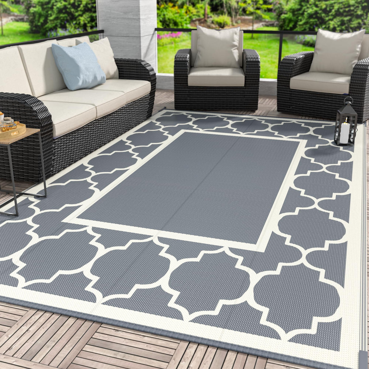 GENIMO Outdoor Rug, Waterproof Plastic Rugs for Patio, 5'x8' Blue White