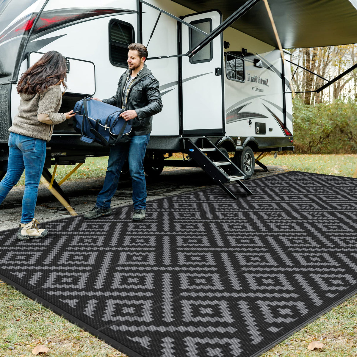 GENIMO Outdoor Rug, Waterproof Plastic Rugs for Patio, 5'x8' Black Grey