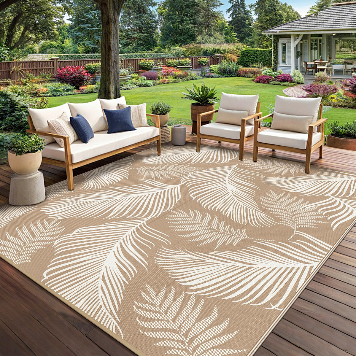 Pauwer Waterproof Outdoor Rug 5x8, Plastic Straw Patio Rug, Leaf Brown