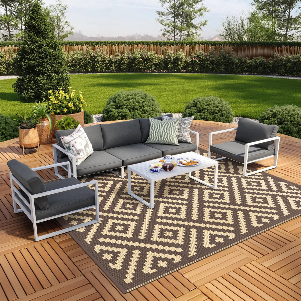 GENIMO Outdoor Rug, Waterproof Plastic Rugs for Patio, 5'x8' Black Grey
