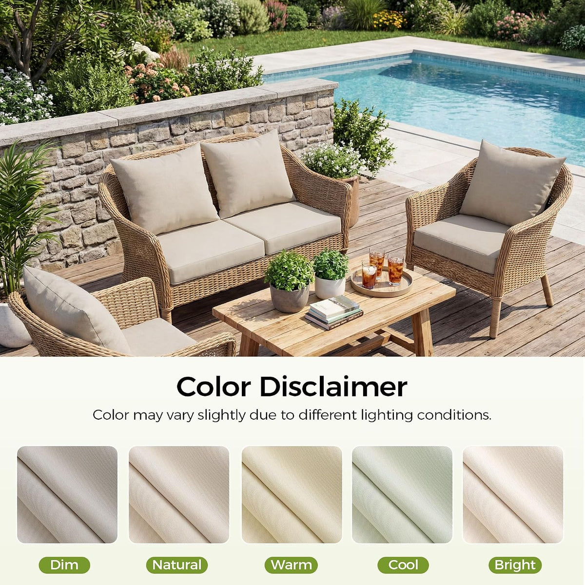 UNIKOME Outdoor Seat Cushions 24 X 24 Inch - Water-Resistant & Fade Resistant, Removable Cover Patio Furniture Cushions for Chair, Sofa, Couch, Wicker, Beige