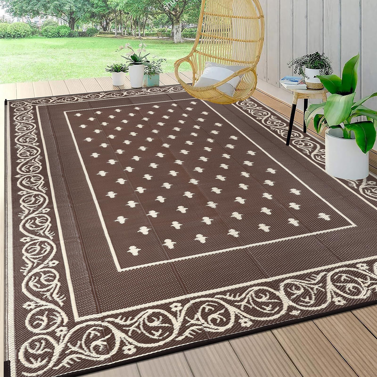 Pauwer Waterproof Outdoor Rug 5x8, Plastic Straw Patio Rug, Leaf Brown