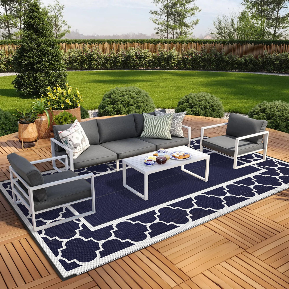 GENIMO Outdoor Rug, Waterproof Plastic Rugs for Patio, 5'x8' Blue White
