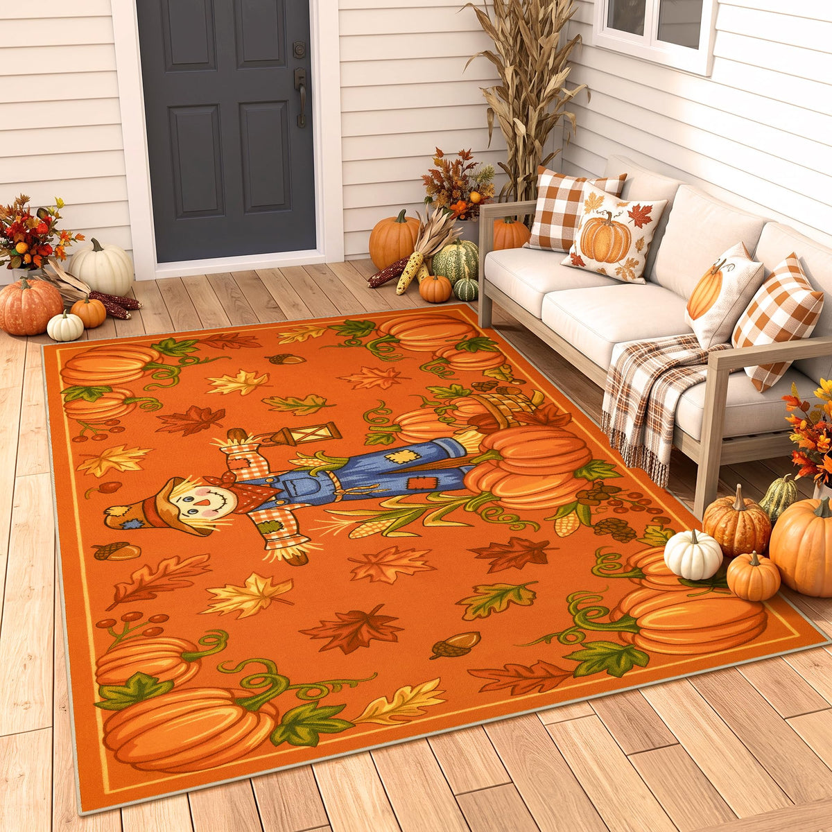 Fall Front Door Mat 3'x5', Hello Pumpkin Welcome Mat for Porch Rugs