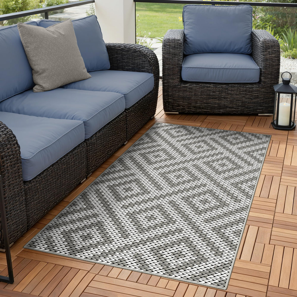 GENIMO Outdoor Rug, Waterproof Plastic Rugs for Patio, 5'x8' Black Grey