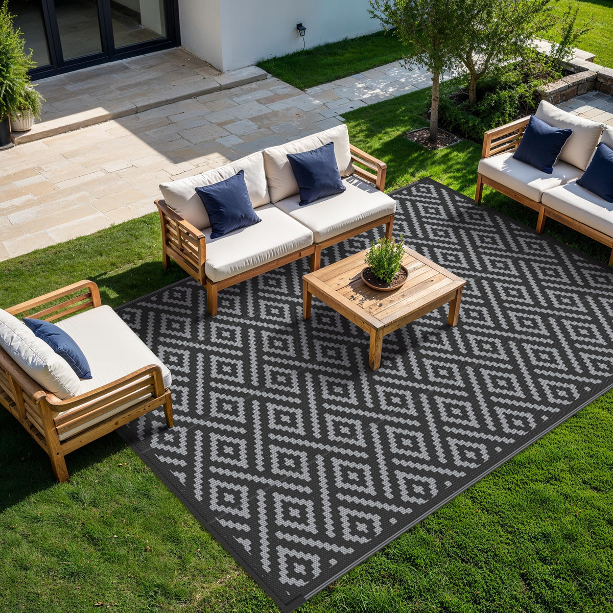 GENIMO Outdoor Rug, Waterproof Plastic Rugs for Patio, 5'x8' Black Grey
